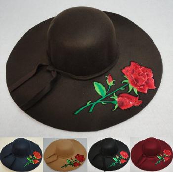 Ladies Felt Winter Hat w Ribbon [XL Brim] Rose Applique